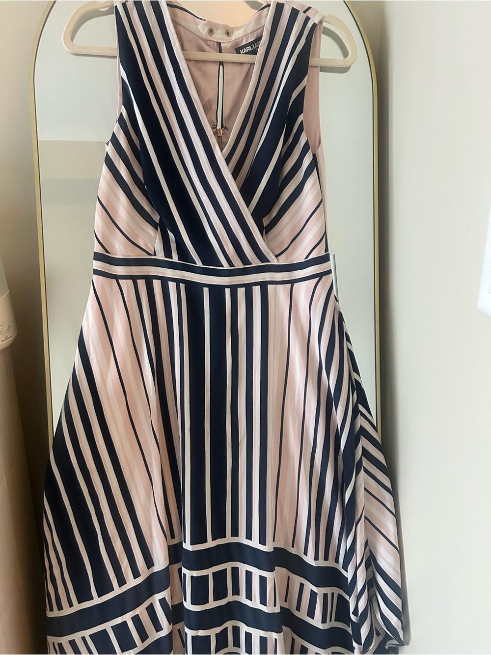 Karl Lagerfeld Pink and Navy Striped Midi Fit-and-Flare Dress
